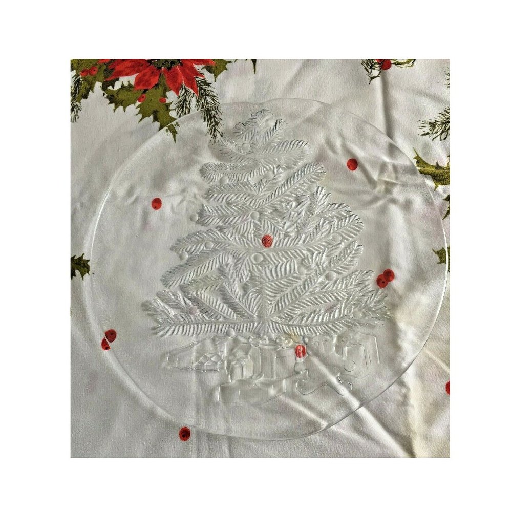 VTG Clear Glass Round Toys Under Christmas Tree Serving Platter Plate Tray 12"